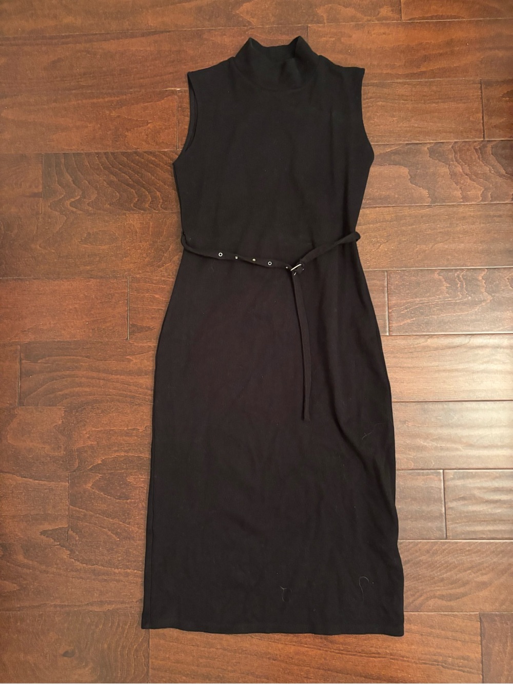 Zara Black Sleeveless Mock Neck Belted Midi Dress